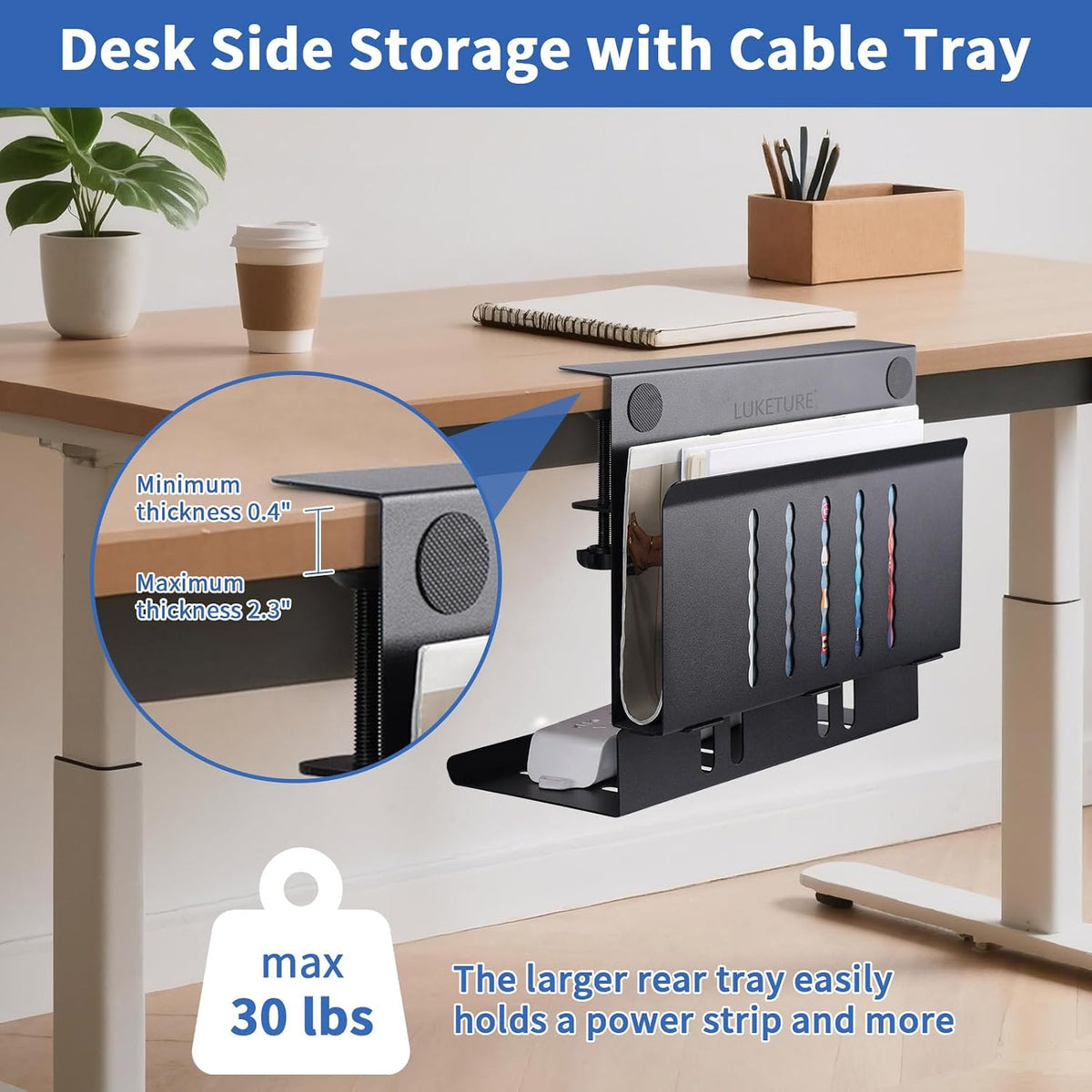 LUKETURE Desk Side Storage,11-4/5" Power Strip Cable Management Tray