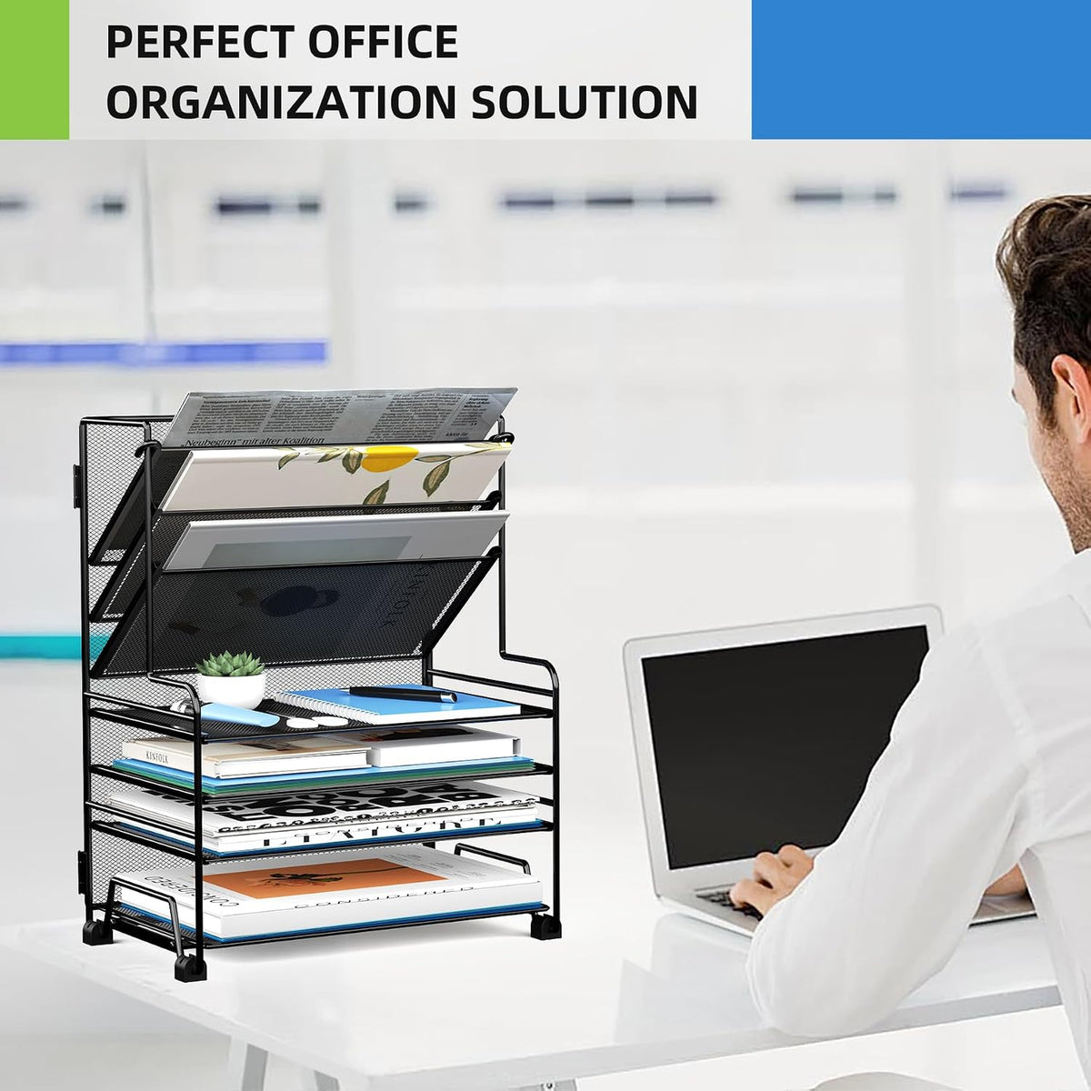 MINDEPOT 4-Tier Paper Organizer + 3-Pocket File Holder + Drawer + Pen Holders...
