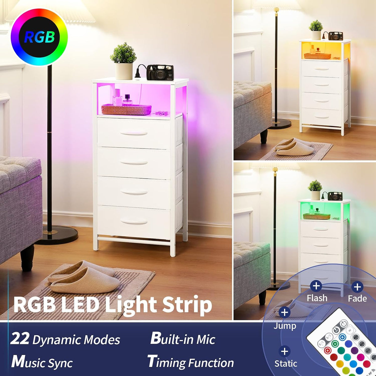 Yoobure Night Stand - LED White Nightstand with Charging Station for Dorm