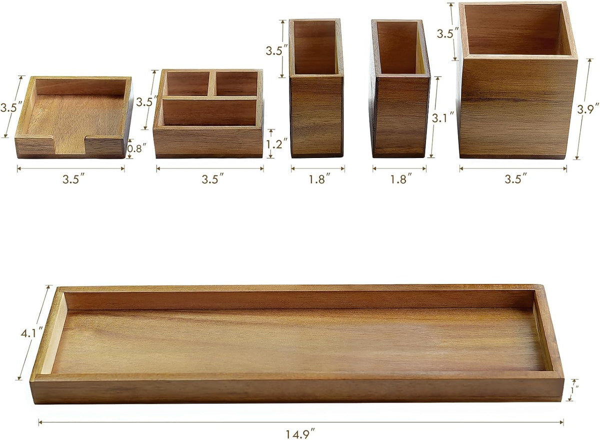 Wood Vanity Tray Set, 6-Piece Countertop Organizer for Small Items