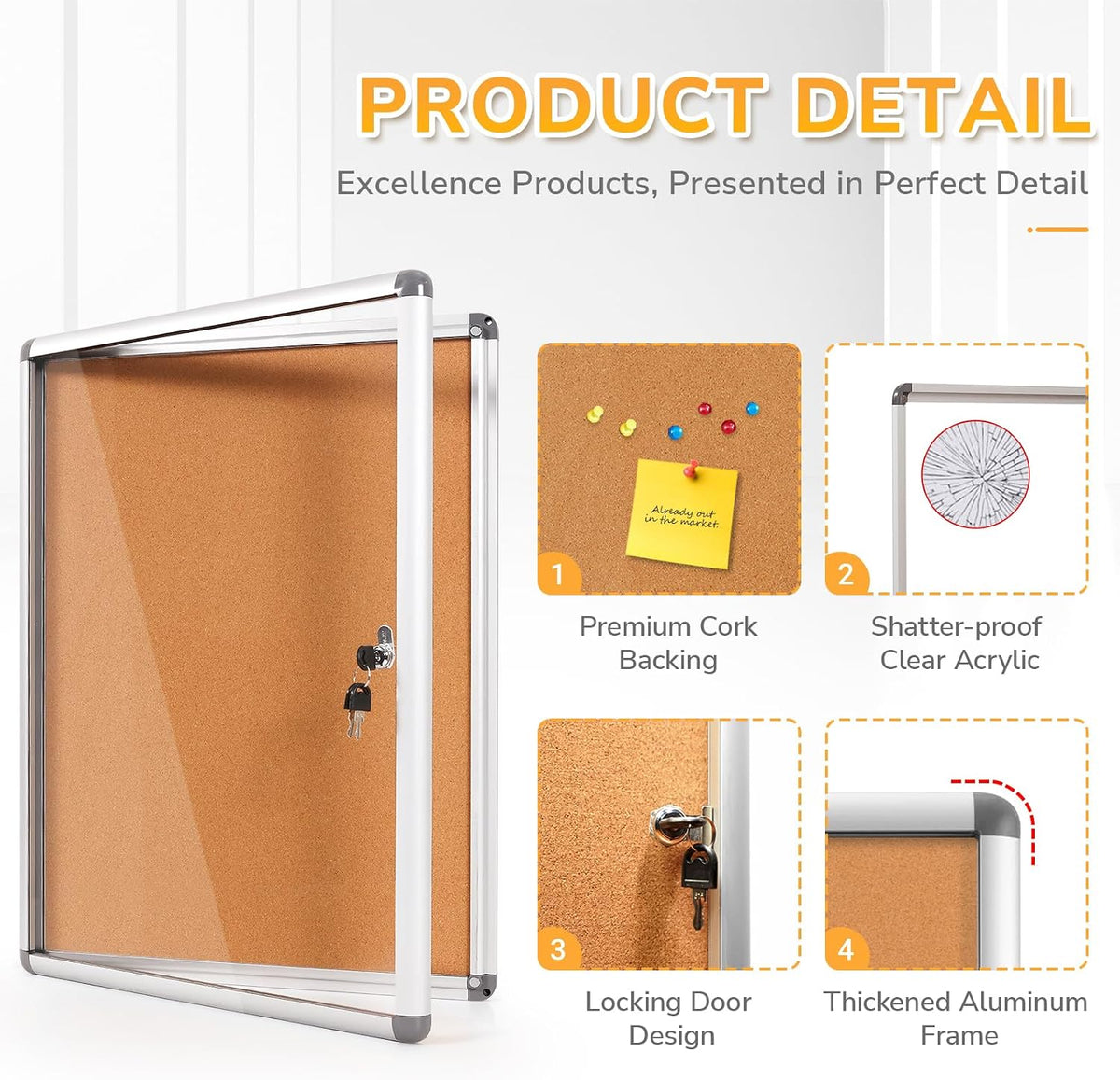 26x20 in Enclosed Bulletin Board Locking Corkboard, Silver Frame