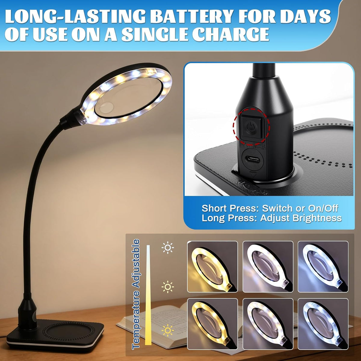 Rechargeable Magnifying Glass with Light and Stand, 15X 30X
