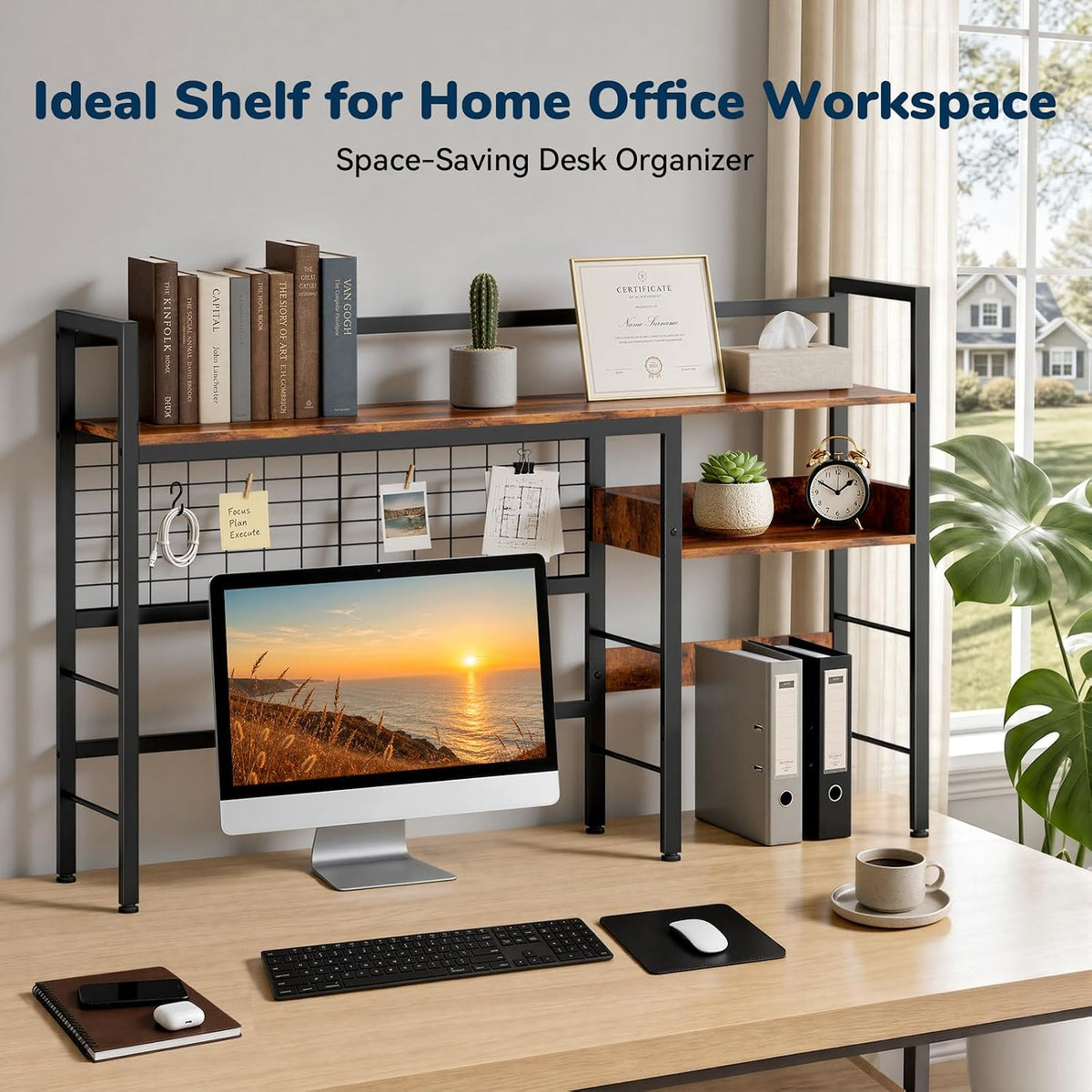 Desk Shelf, 44.9" Desk Hutch with Pegboard Hooks Set, Rustic Brown
