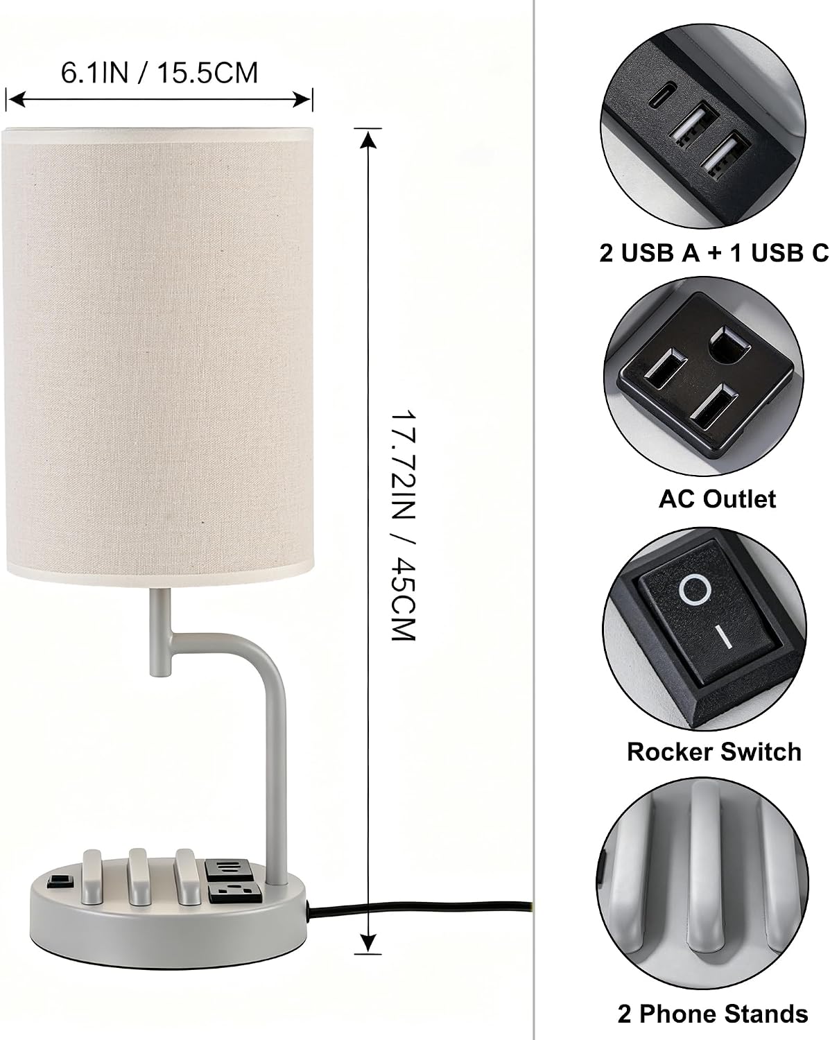 Dreamholder 2 Pack Table Lamp, Bedside Lamp with 3 USB Charging Ports & A...