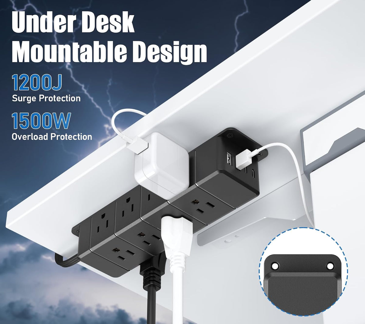 40W Under Desk Power Strip with Switch 12 Outlet 4 USB 1200J 10FT Black