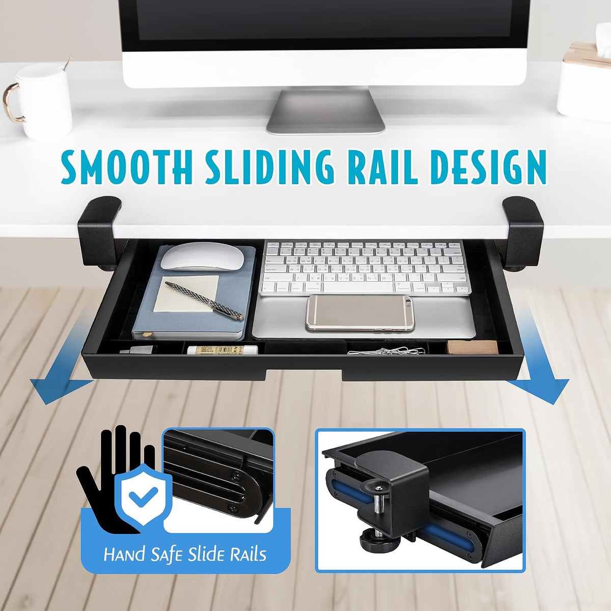 EHO Under Desk Slide-Out Storage Drawer, Large 20" x 11.8" Clamp-On...