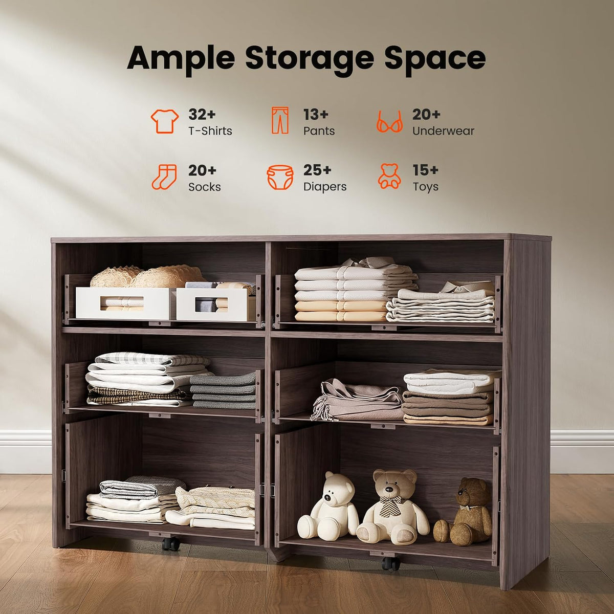 Amada Modern 6 Drawer Dresser, Fluted Wood Chest of Drawers, Walnut