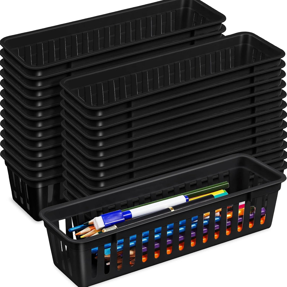 Domensi 24 Pack Slim Plastic Storage Basket Tray Organizer, Black