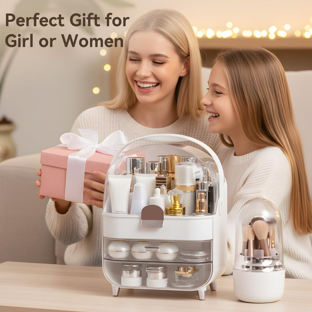 Makeup Organizer for Vanity with Brush Holder, Lid and 2 Drawers, Sliver