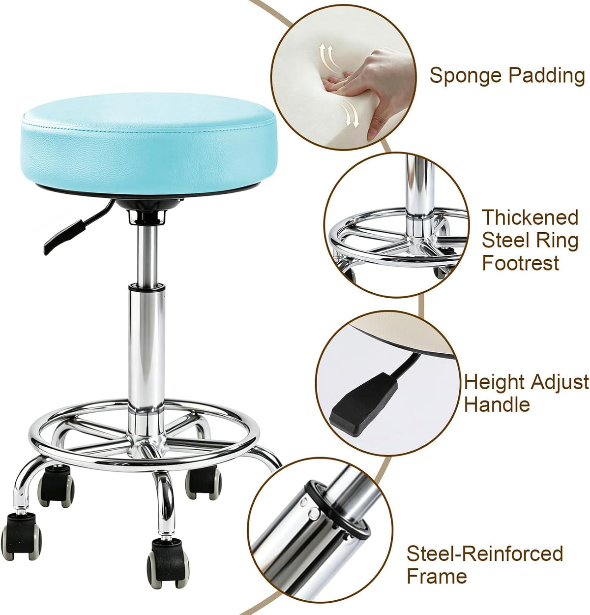 500lbs Heavy-Duty Adjustable Rolling Stool with Wheels & Foot pedal ring