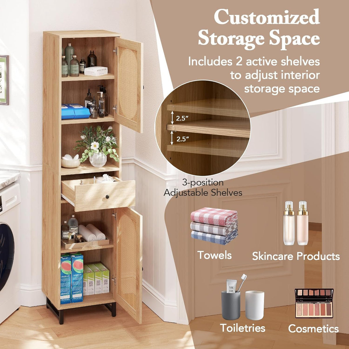 GIANTEX 67" Tall Bathroom Cabinet, PE Rattan Storage Cabinet with 2 Door...