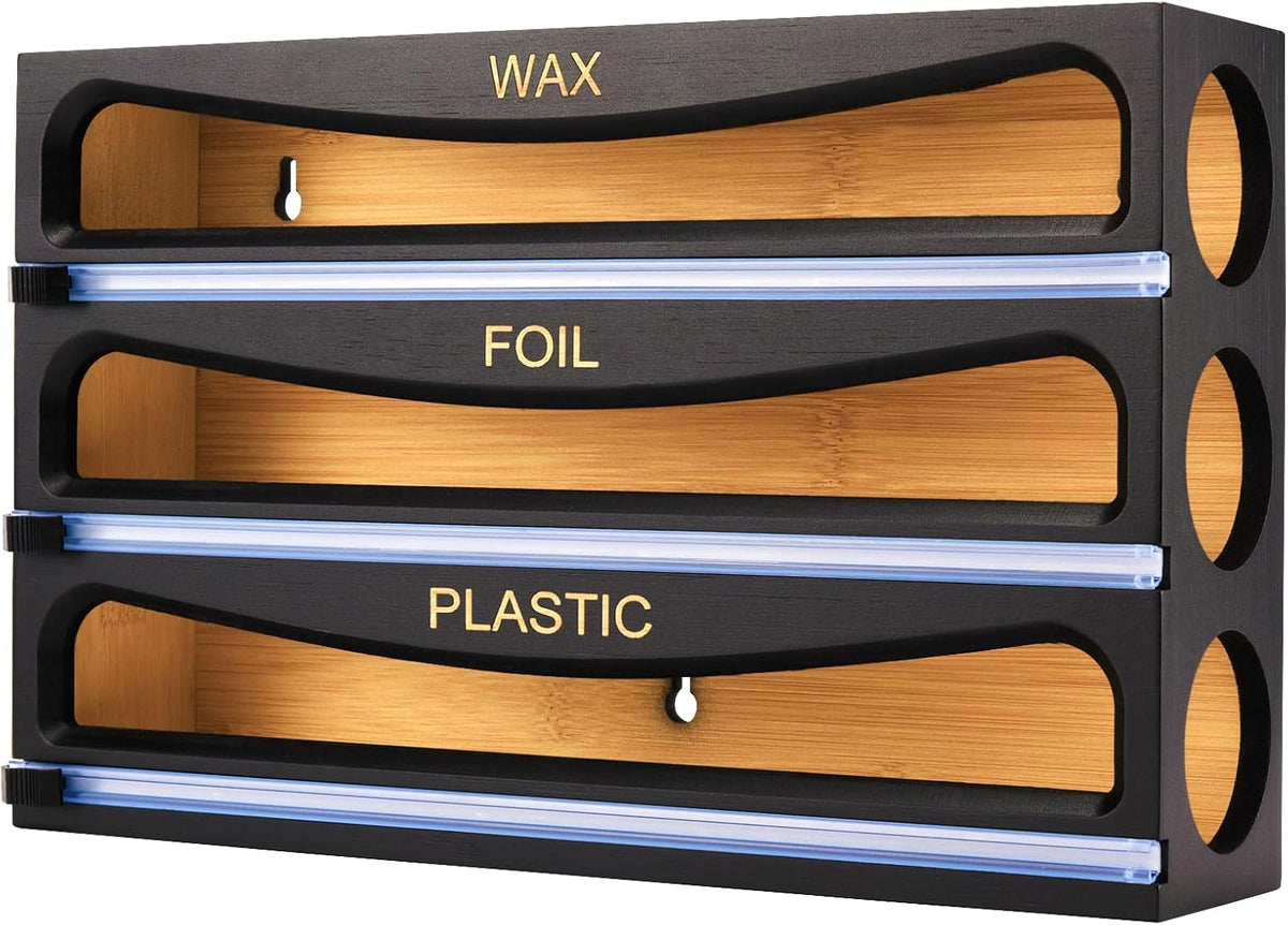 Bamboo Wrap Dispenser with Cutter, Plastic Wrap Organizer, Aluminum Foil Orga...