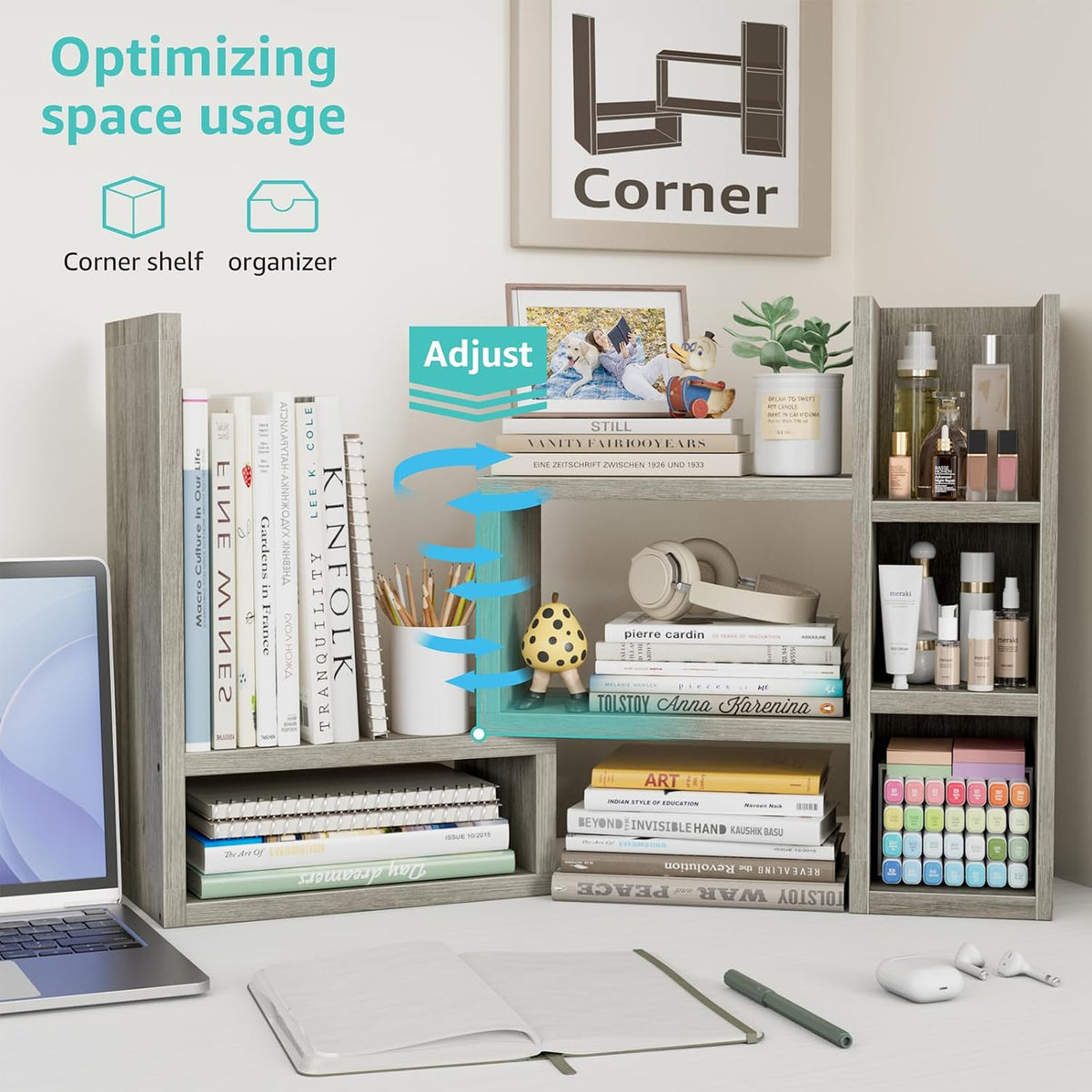NUTIKAS Desk Shelves Desktop Organizer Shlef - Grey Office Organization for T...