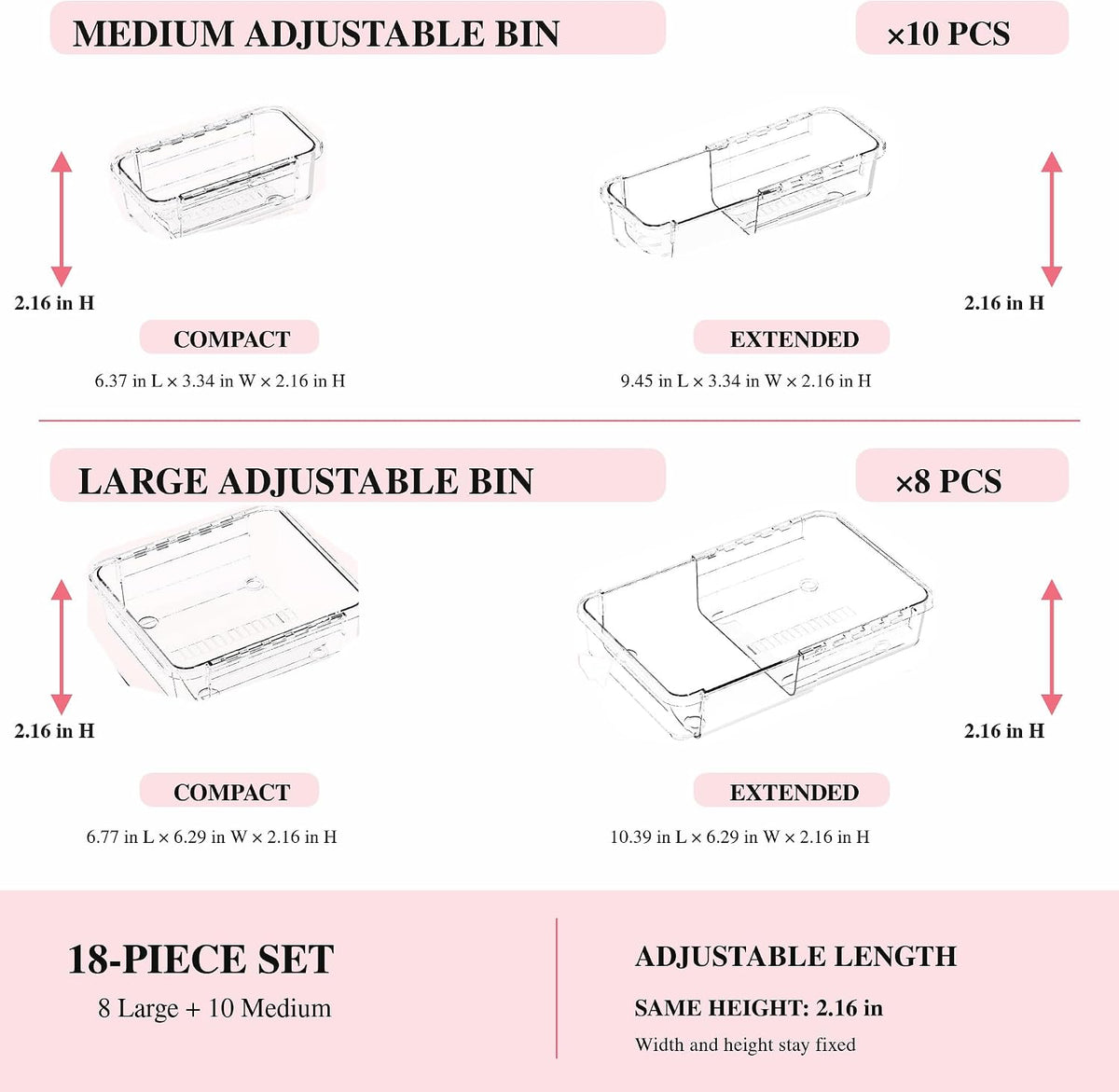 18 Pcs Clear Adjustable Drawer Organizer, 2-Size Desk Drawer Organizer Box, A...