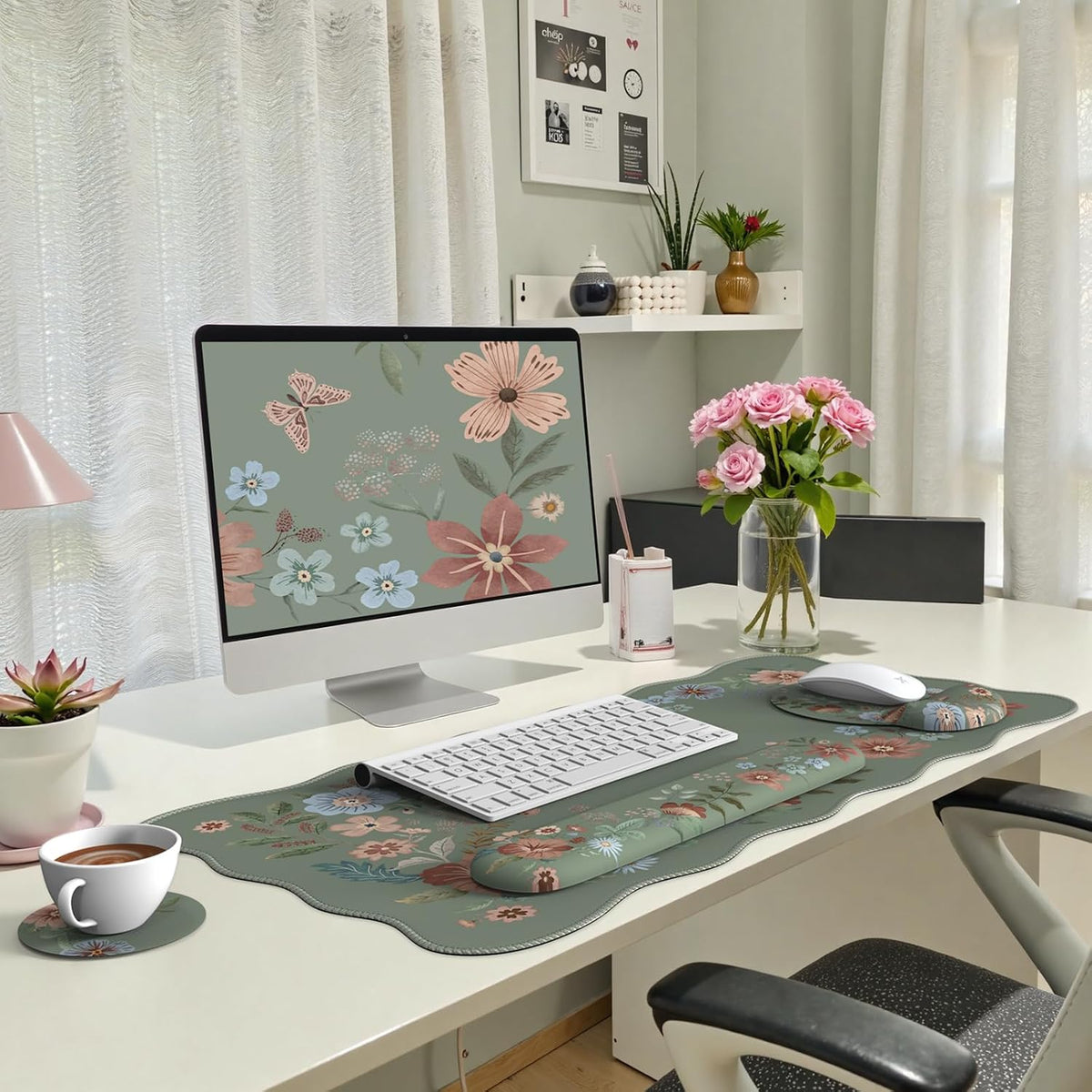 iLeadon Mouse Pad Set and Keyboard Wrist Rest, Floral Scalloped Desk Mat