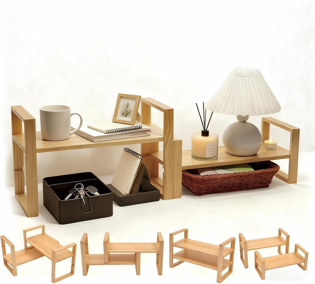 Desk Shelf, 100% Solid Wood Adjustable Desktop Bookshelf, No Tools or Nails R...