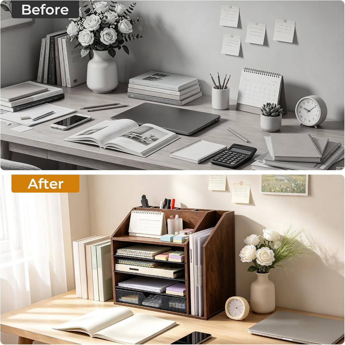 5-Tier Wood Desk Organizer and Pen Holder, File and Mail Sorter with Drawer
