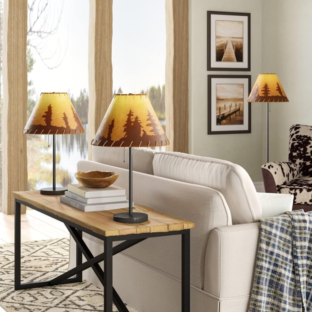 Catalina Lighting Rustic Cabin Lodge 3-Piece Table & Floor Lamp Set, LED ...