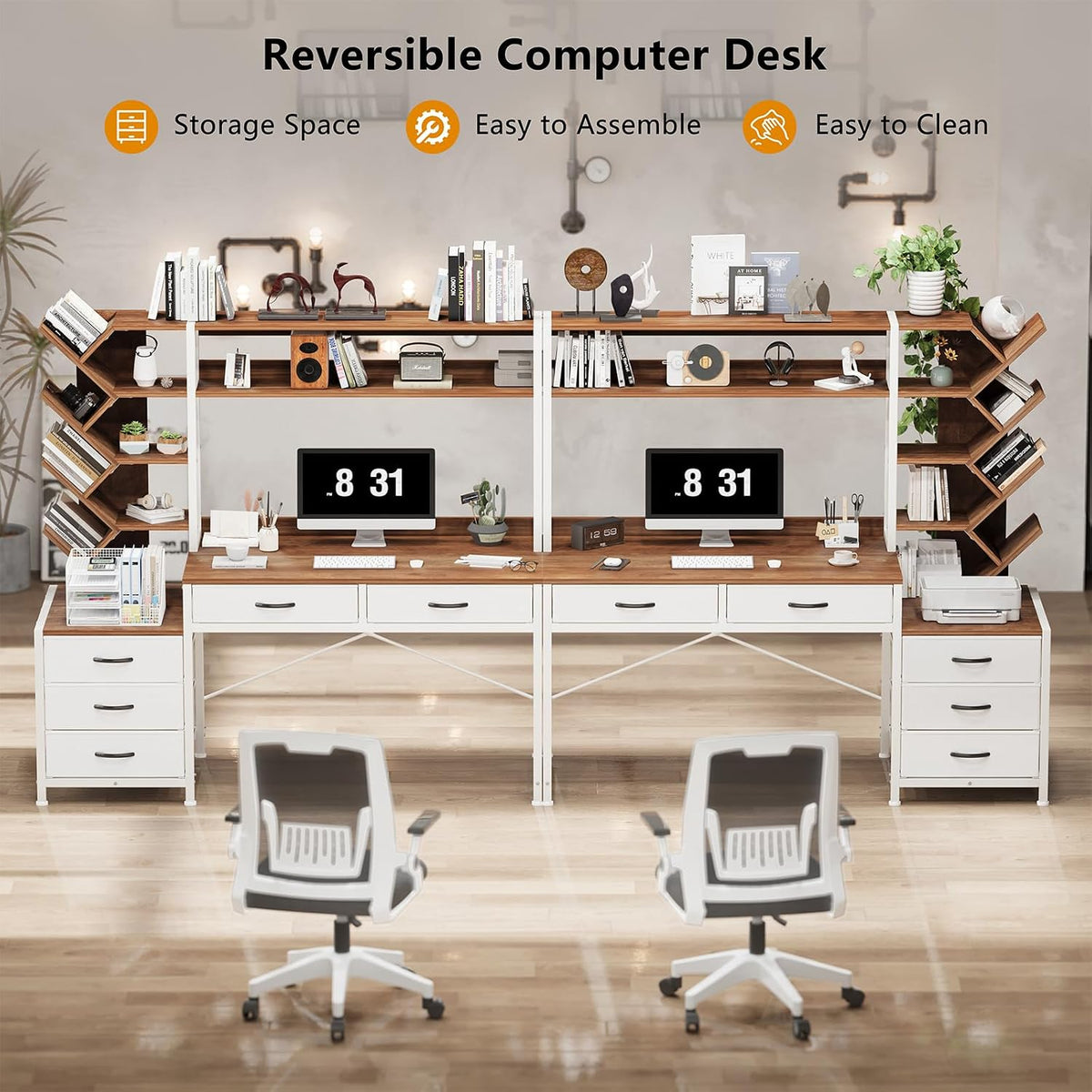 YOMILUVE 52" Computer Desk with Bookshelf, 5 Drawers & Hutch for Bedroom