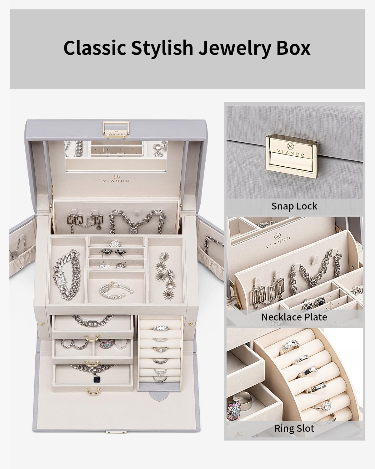 VLANDO Jewelry Storage with Mirror and 3 Drawers,Gray