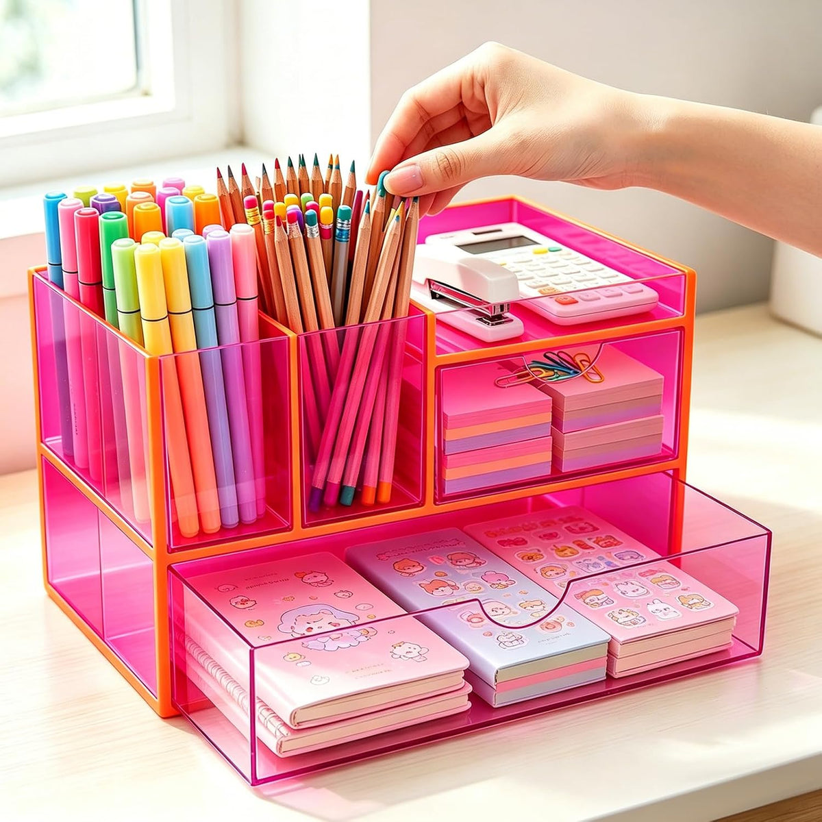 Desk Organizer with Drawers Acrylic Desktop Organizer Pen Holder Caddy for Of...