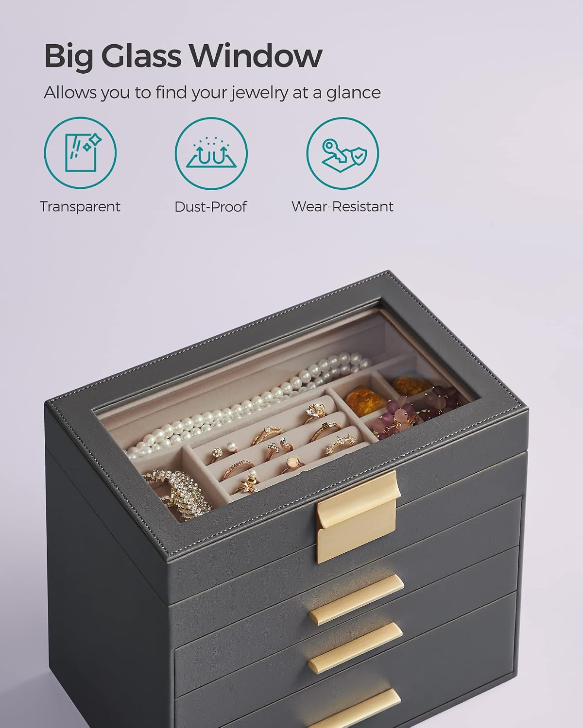 SONGMICS Jewelry Box Organizer, 4-Layer Storage with 3 Drawers, Glass Lid