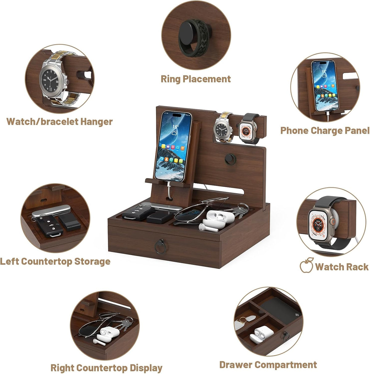 Wood Phone Docking Station, Nightstand Organizer with Drawer
