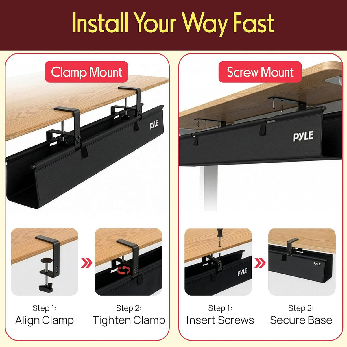 Pyle 36" Under Desk Cable Management Tray, Under Desk Wire Organizer wit...