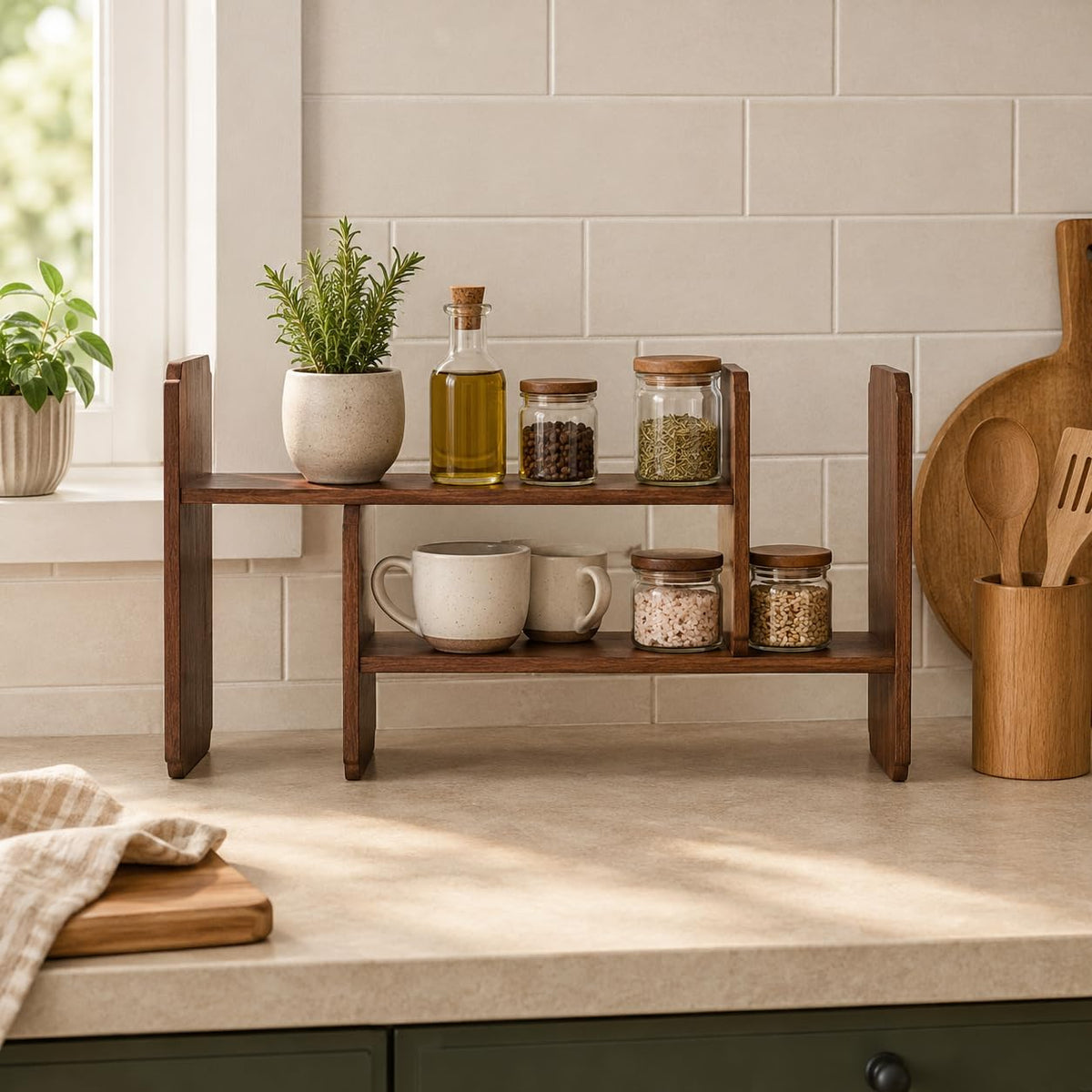Walnut Display Organizer Expandable Desktop or Countertop Shelf with Drawer