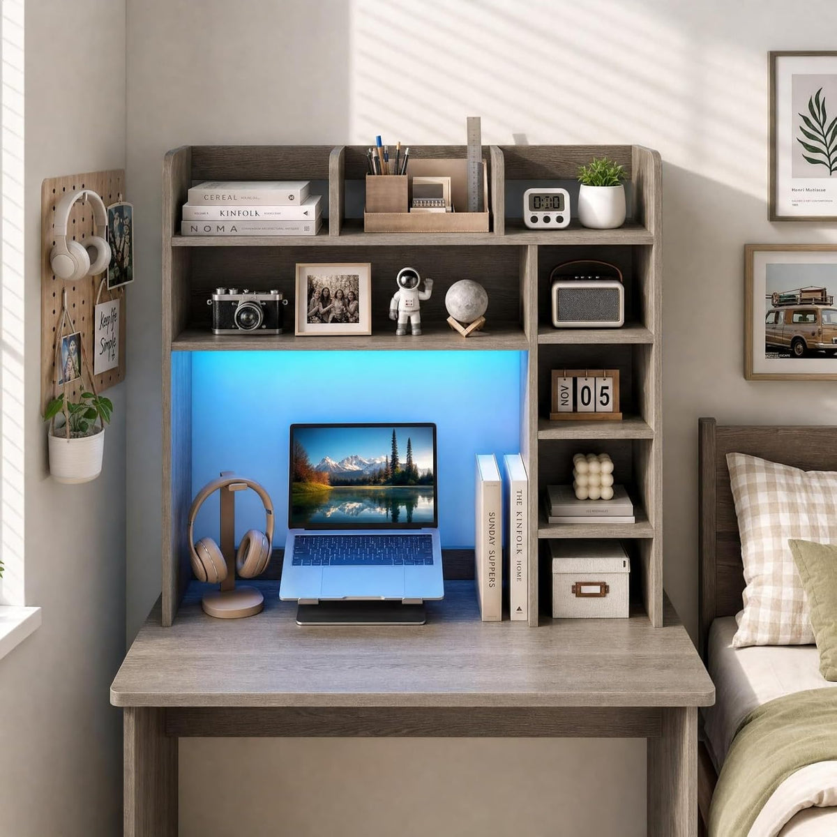 GOFLAME Desk Hutch, 8 Shelves Desktop Bookshelf, 31.5”, Gray