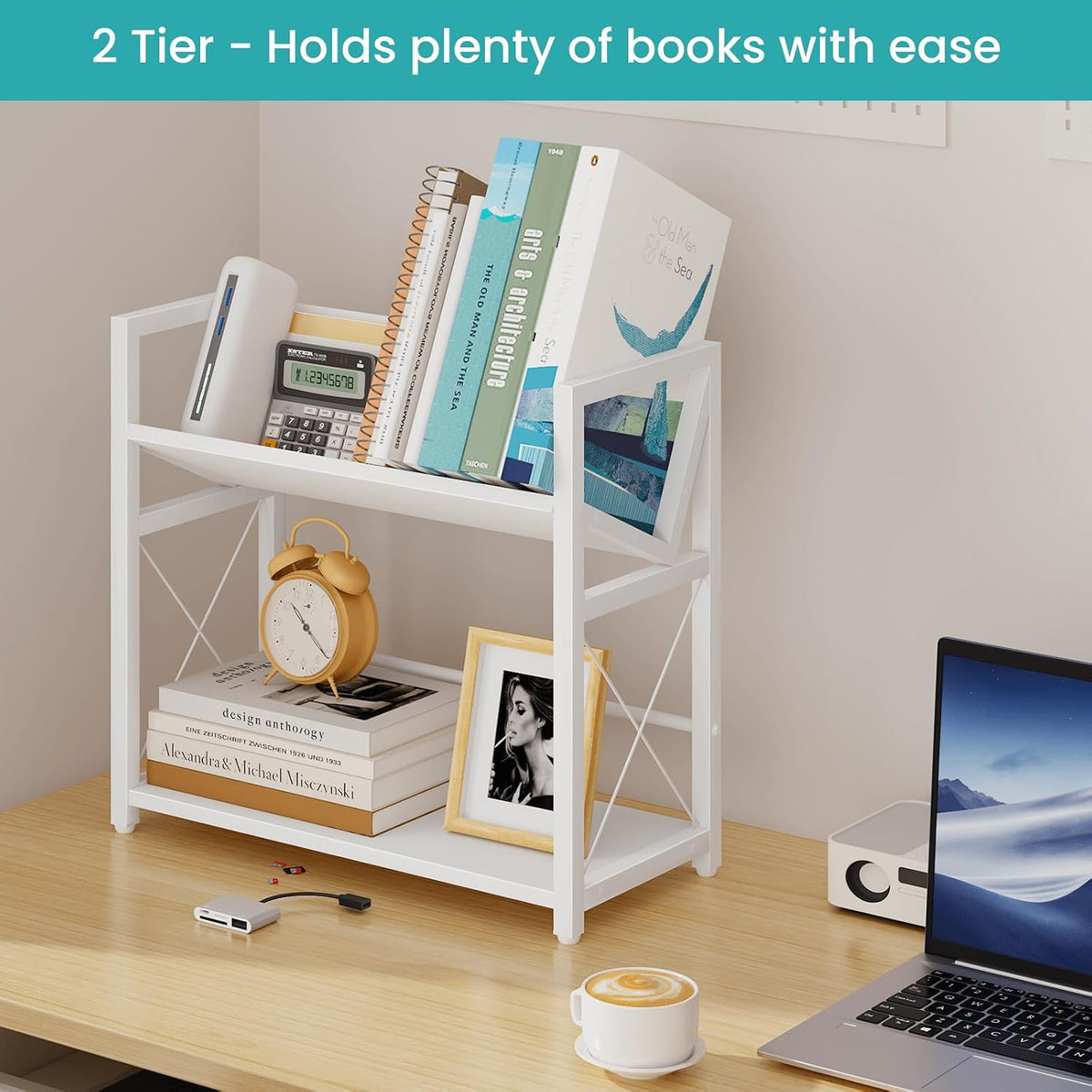 ELITEROO Desktop Bookshelf Organizer, 2 Tier Wood Desk Shelf for Tabletop Sto...