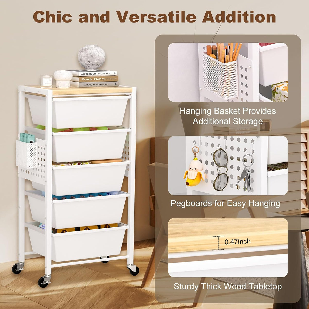 Rolling Cart with Drawers, Rolling Storage Cart with 5 Large Plastic Drawers ...