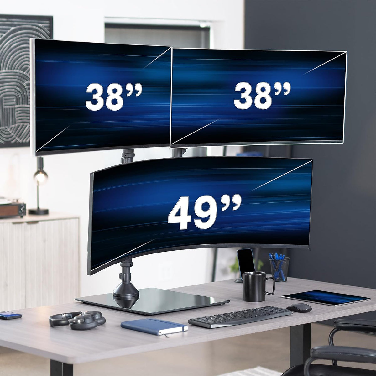 VIVO Pneumatic Arm Triple Ultrawide Monitor Desk Stand for Up to 49 inch Scre...