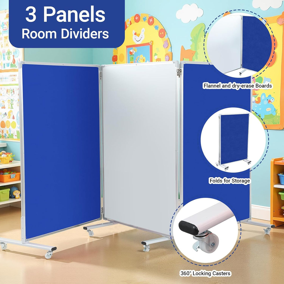 AmazingSpark 3 Panel Classroom Dividers for Room Separation, Blue White