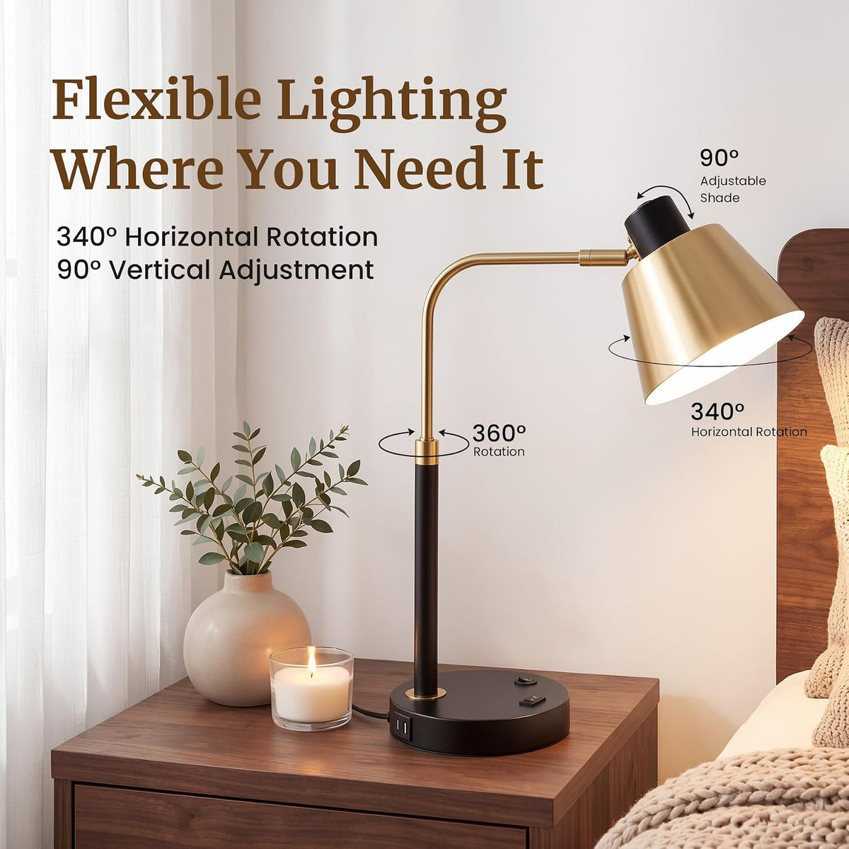 Desk Lamp with USB-C, USB-A and AC Outlet, Adjustable E26 Table Lamp for Home...