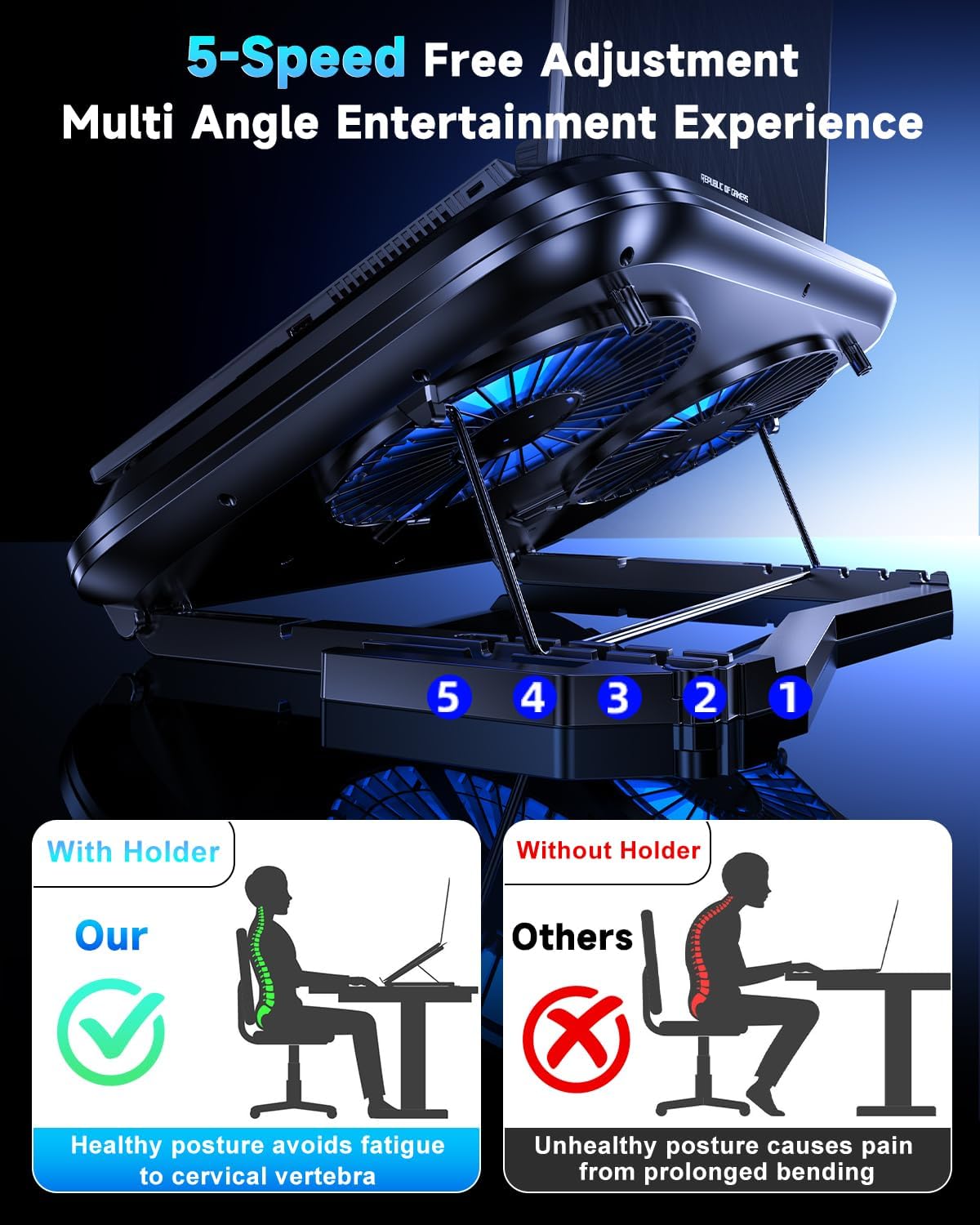 Laptop Cooling Pad with Dual Core Cooler, Gaming Laptop Cooler with 5.5in 2 P...