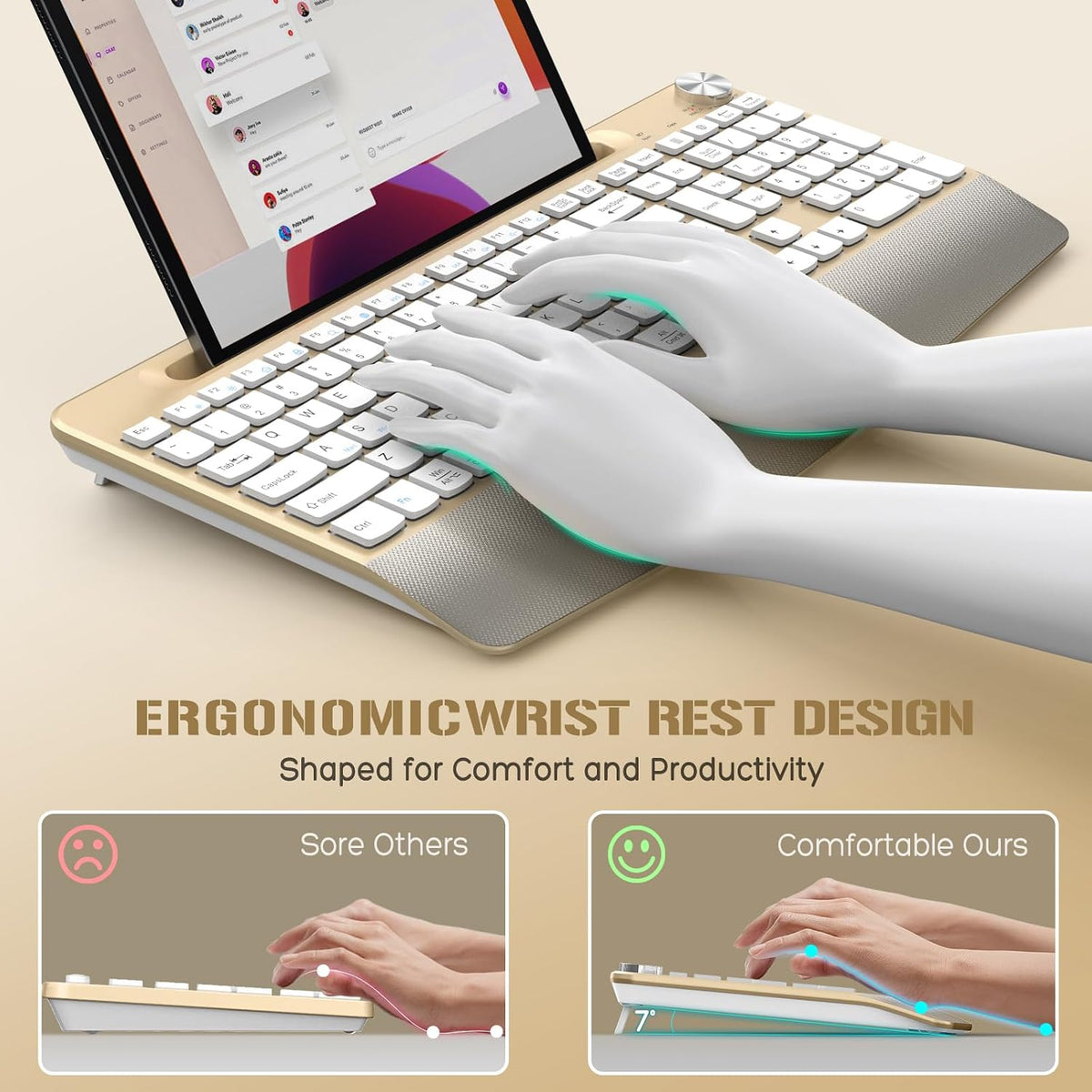 GAMCATZ Ergonomic Wireless Keyboard with Wrist Rest-Low-Profile,Phone/Tablet ...