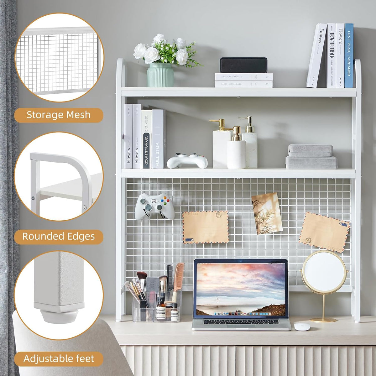 Desk Shelf, 36.8” Desktop Organizer Shelf with Grid Panel and Hooks, Desk Hut...