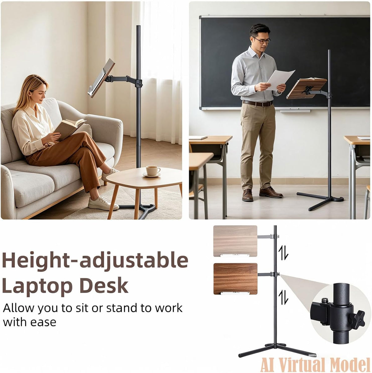 Adjustable Laptop Floor Stand for Bed, Couch, and Standing Desk Use, Large Si...