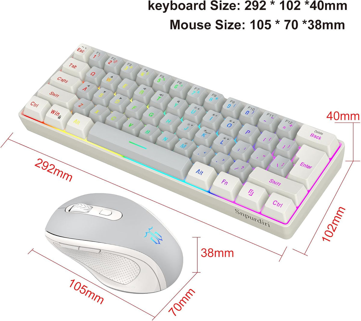 Snpurdiri 2.4G 60% Wireless Gaming Keyboard and Mouse Combo (White-Grey)
