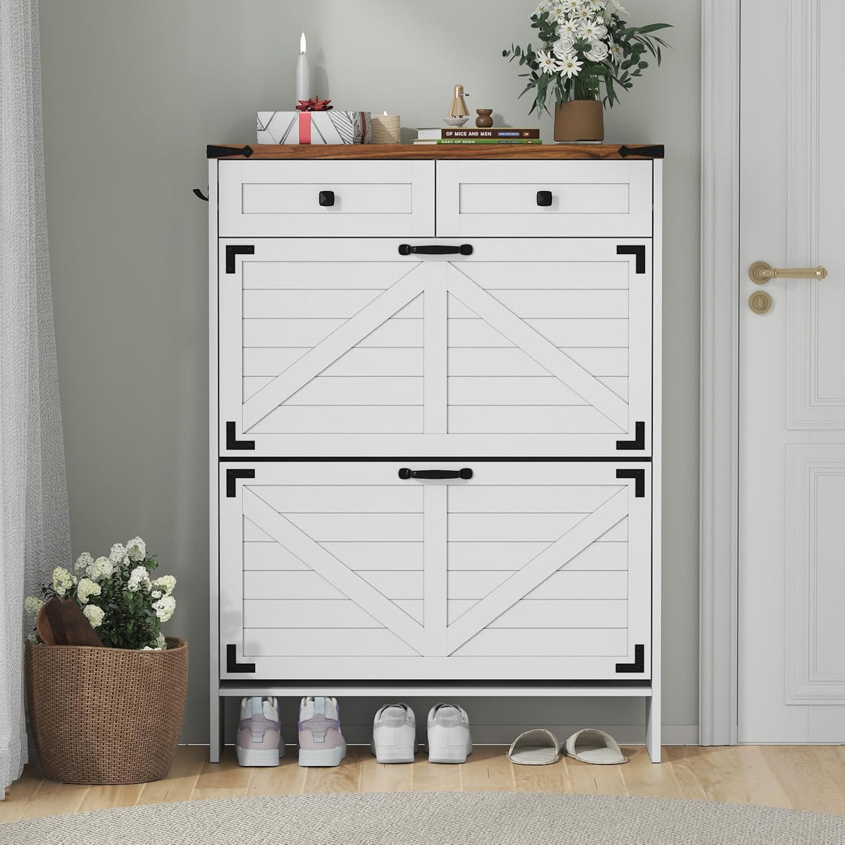 Shoe Cabinet with 2 Flip Drawers, Hidden Shoe Storage Cabinet with 2 Pull-Out...