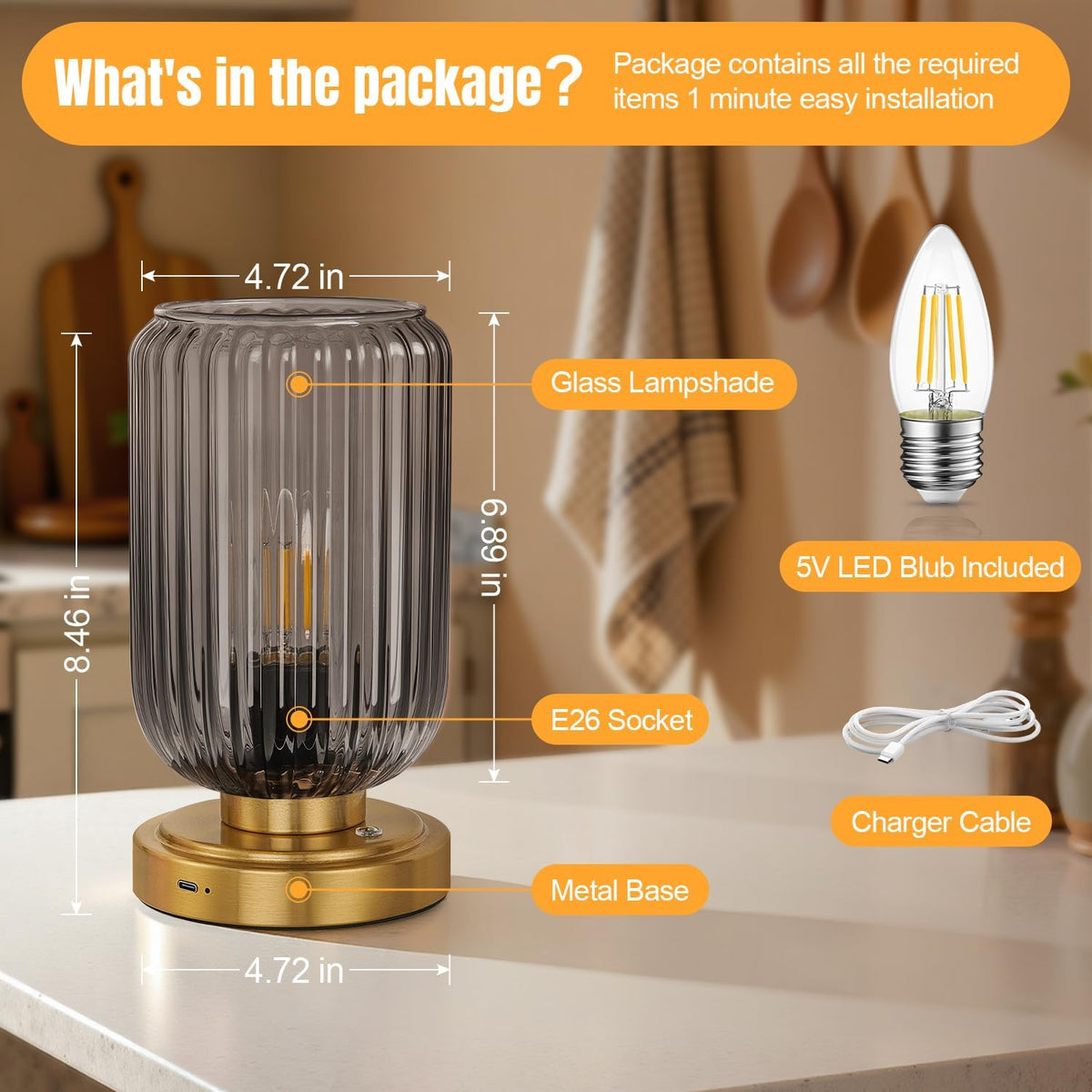 LightRound Cordless Table Lamp for Bedroom, Touch Stepless Dimmable