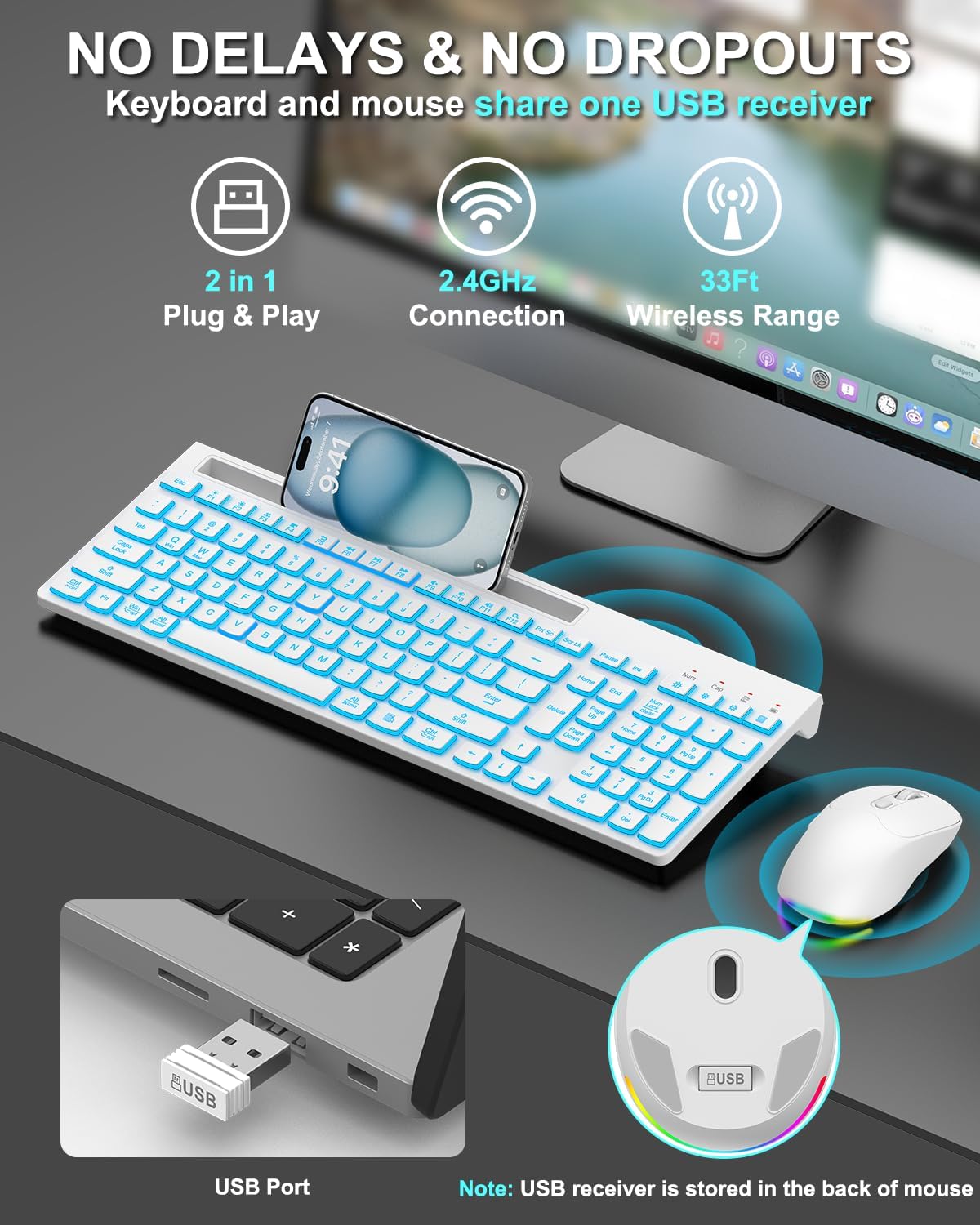 Wireless Keyboard and Mouse Combo, 7 Backlit Effects, Light Up Letters
