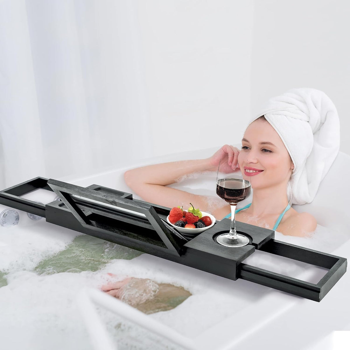 Utoplike Bamboo Bathtub Tray Black, Adjustable Bath Caddy Table for Tub