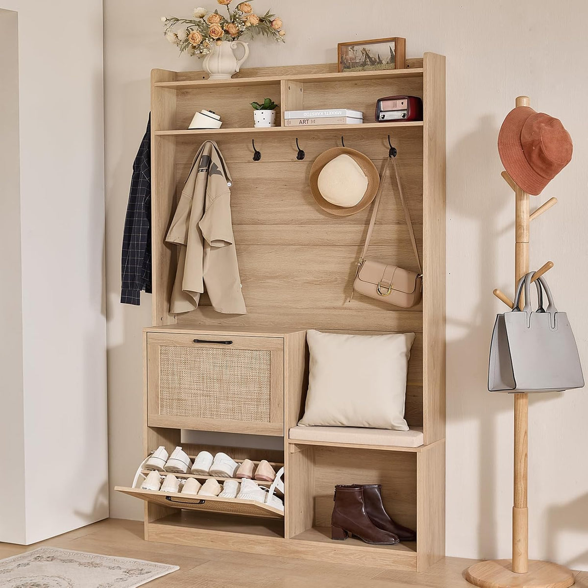 LEYAOYAO 78" Tall Boho Hall Tree with Bench & Shoe Storage, 4-in-1 M...