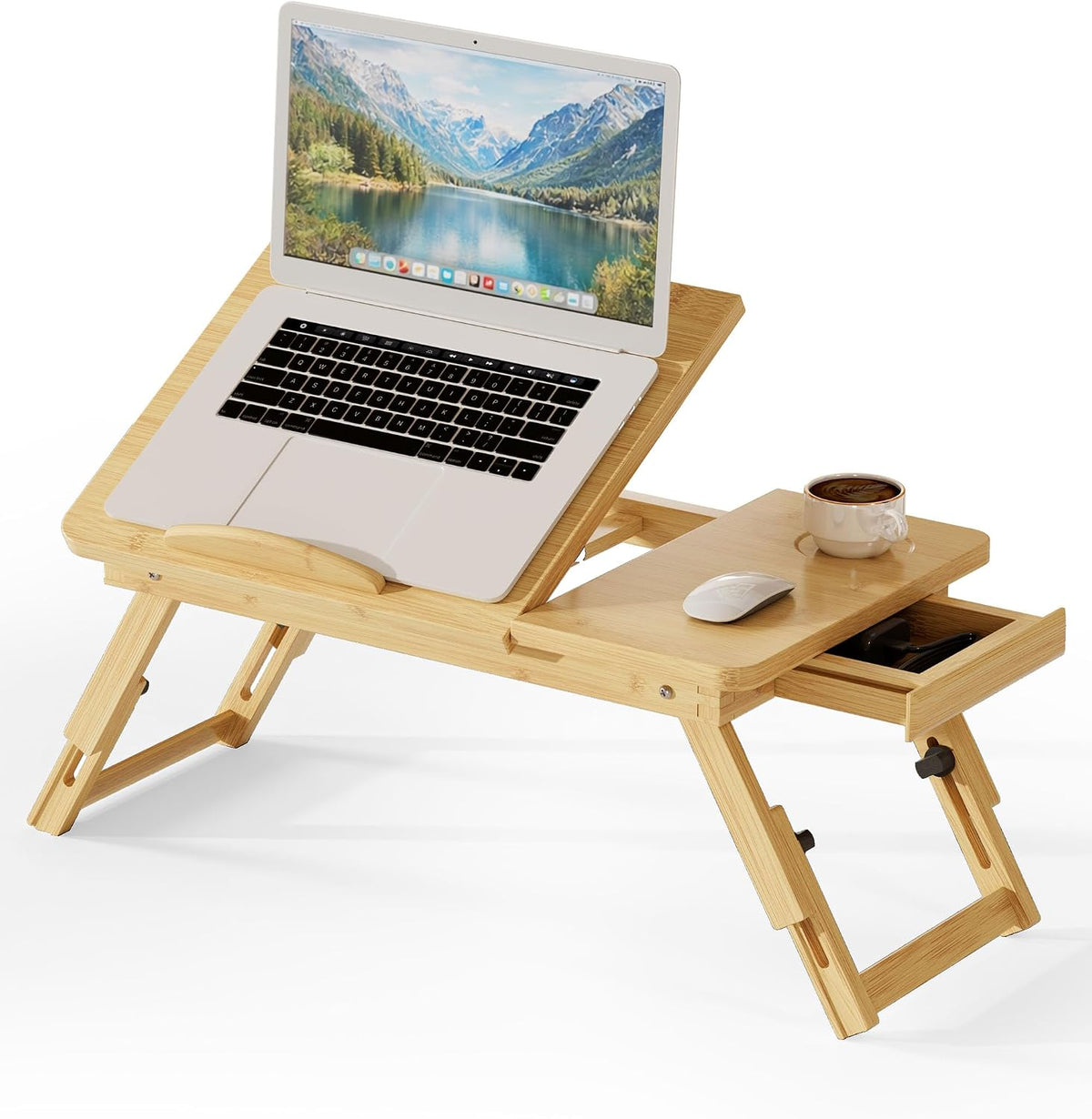 Bamboo Lap Desk, Adjustable Bed Desk with 4 Angle Options & Folding Design
