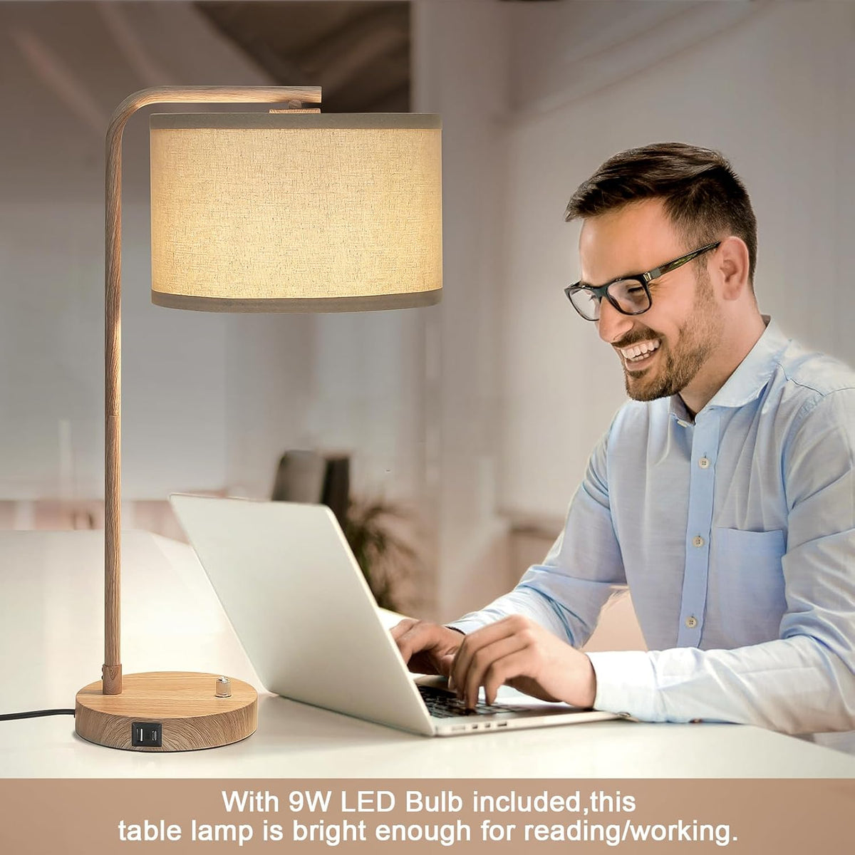 Farmhouse Table Lamp, Fully Dimmable Tall Bedisde Lamp with USB C+A Ports