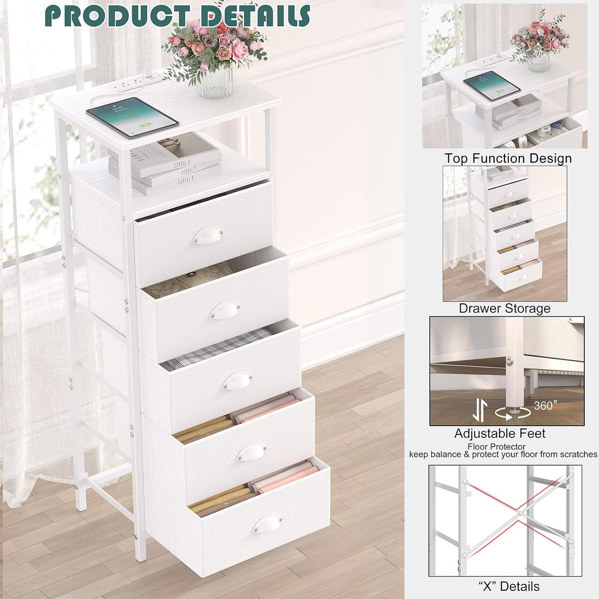 sthmec Nightstand with Charging Station,LED White Nightstands with 5 Fabric D...