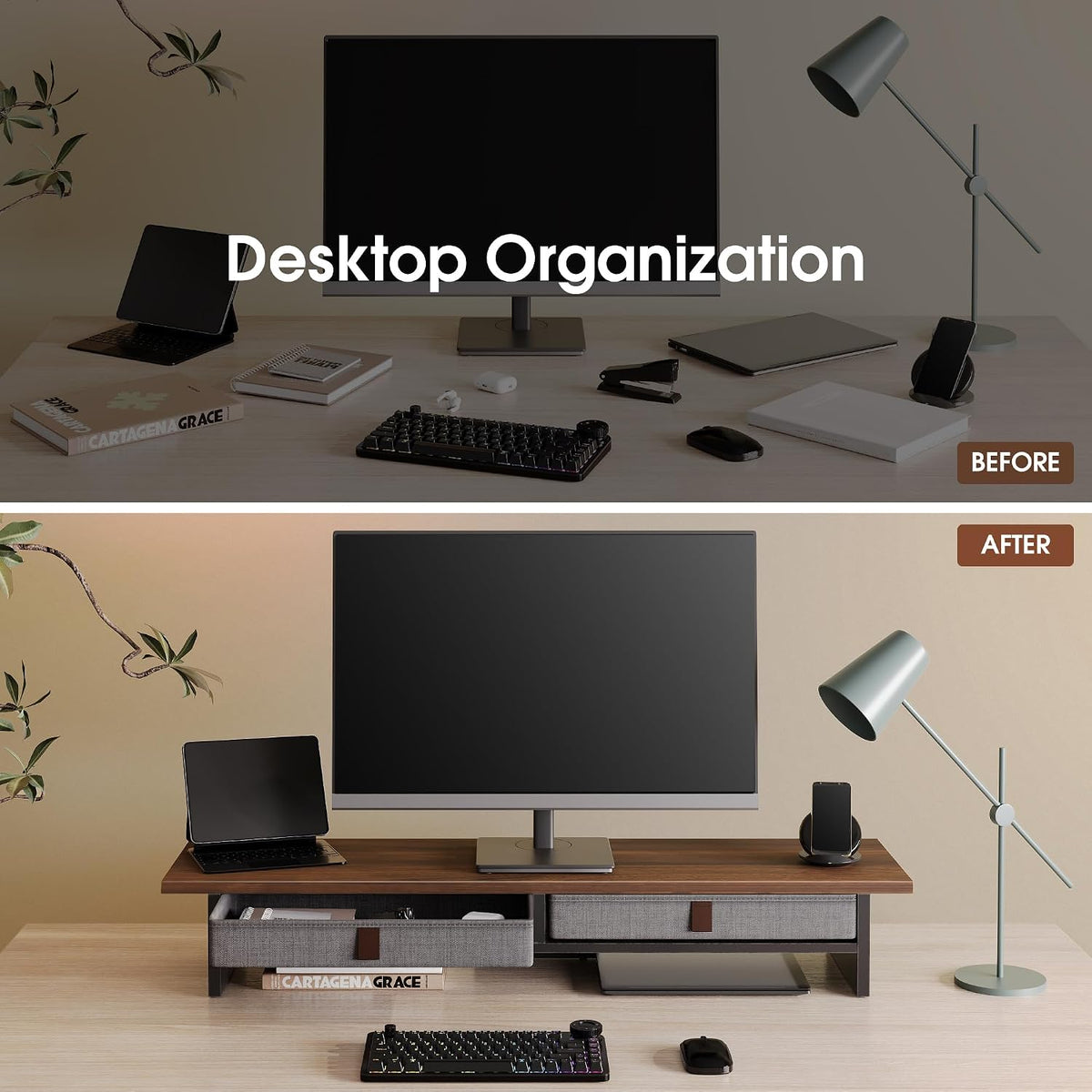 Fenge 35 Inch Monitor Stand with Drawer Storage, Computer Riser for Desk