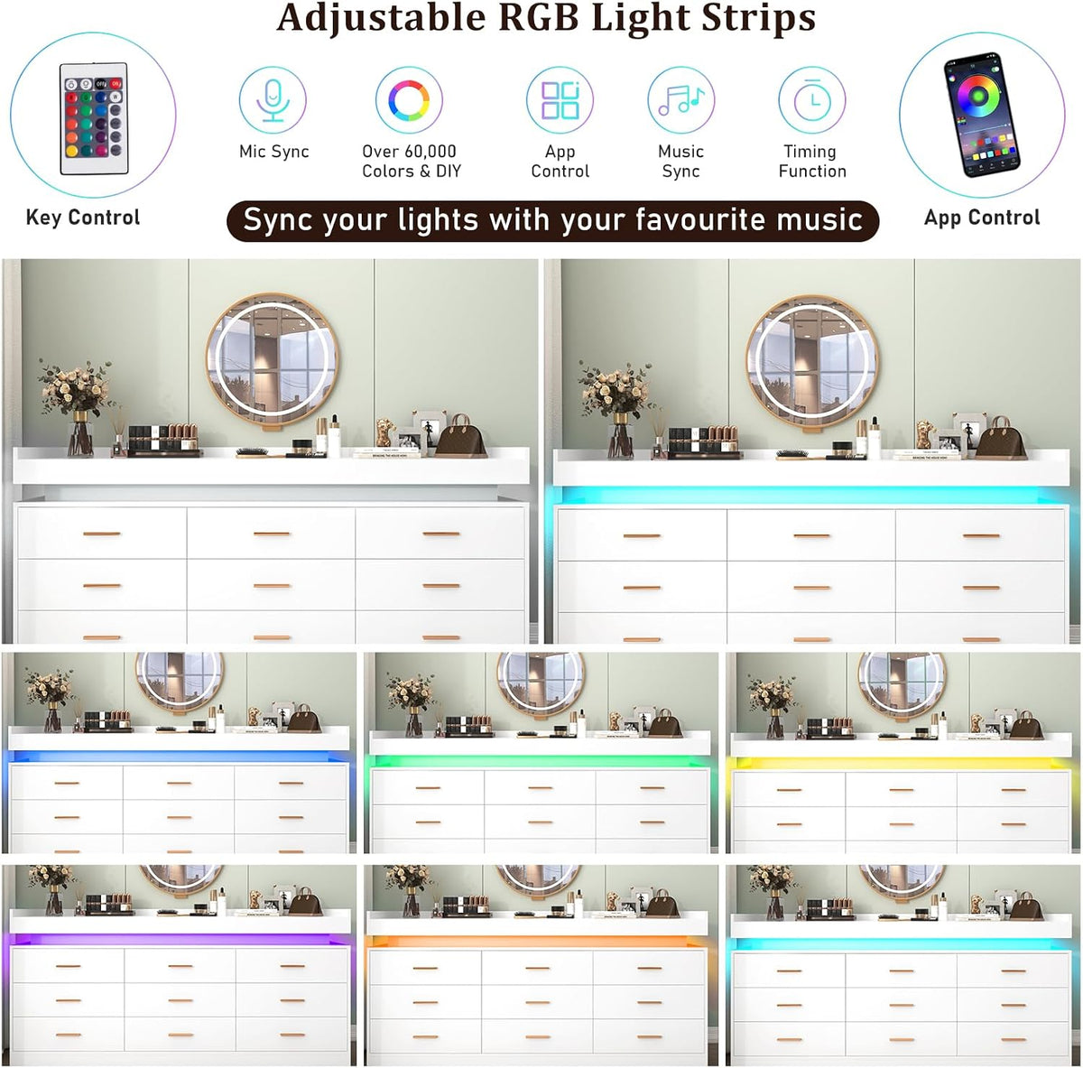 Hlivelood 9 Drawer Dresser with LED Light and Charging Station, Modern Chest ...